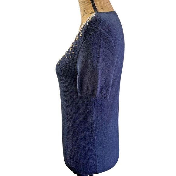 Tori Burch Women's Navy Embellished Short Sleeve Stretchy Sweater Top Sz L - Picture 4 of 13